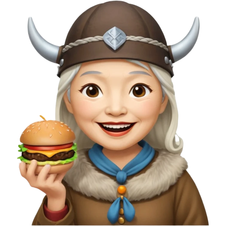 old asian woman viking eating burger emoji