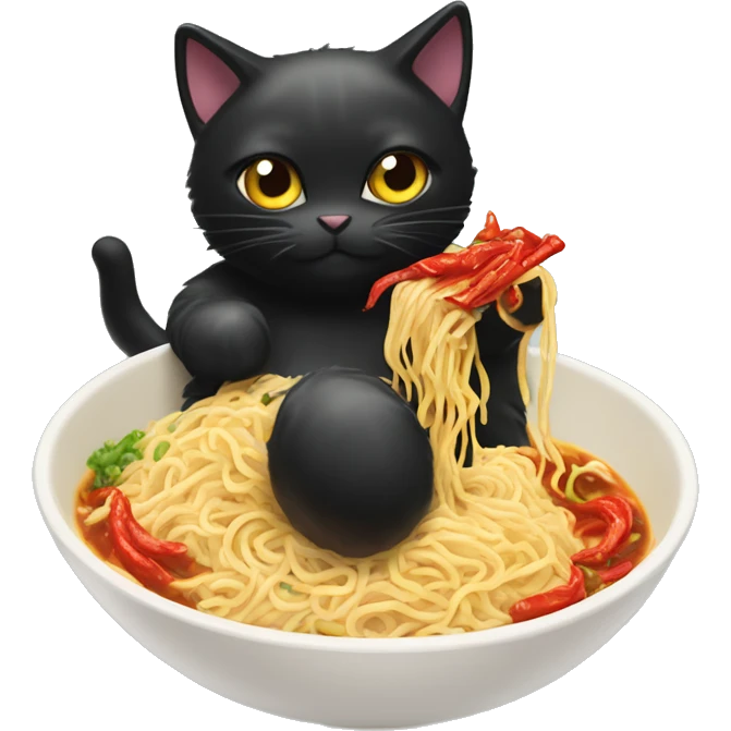 Fluffy black cat eating spicy buldak noodles  emoji