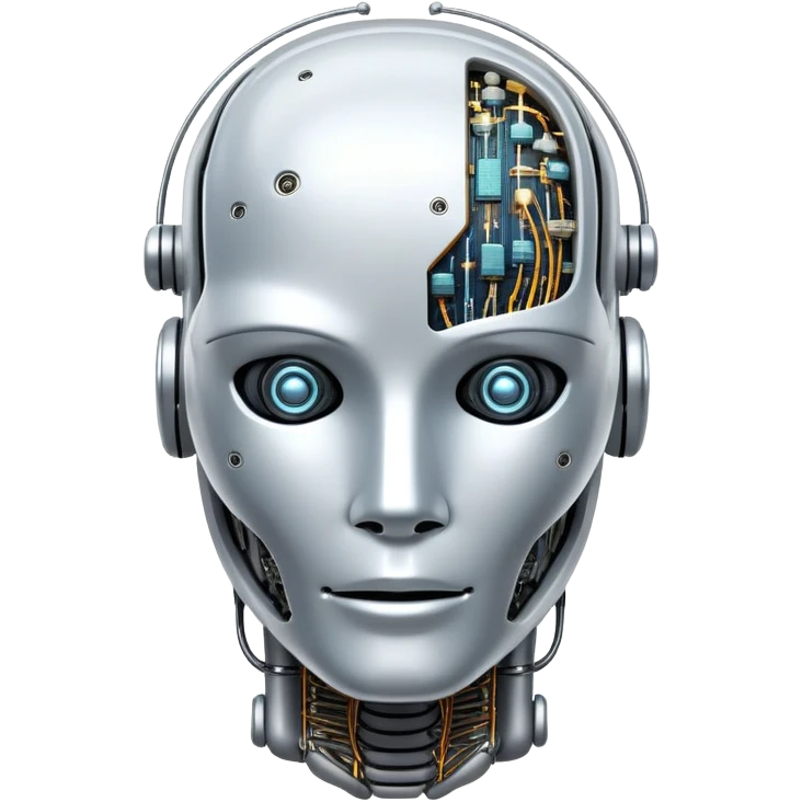 An icon featuring a humanoid robot head, neural network connections, and binary code, symbolizing artificial intelligence. The design includes a brain with circuits and machine learning algorithms, representing the study and development of intelligent systems. Transparent background  emoji