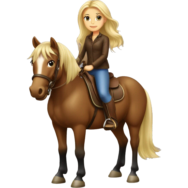 Blonde girl on horseback dark bay horse with brown mane emoji