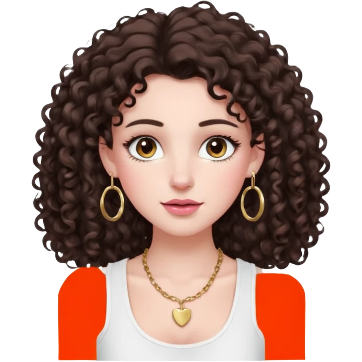 white girl with long dark brown curly hair with a little volume wearing a white tank top. Blush on the cheeks and big eyelashes and a brown-pink lip combo. gold hoops as earrings(medium size)  and a small gold hoop for a nose ring  and a square small denty gold necklace  emoji