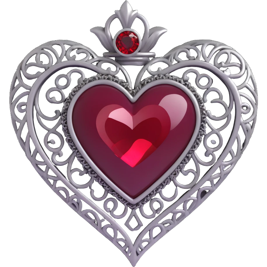 3D emoji gothic heart, black velvet texture, ornate silver filigree, deep red gemstone center, dramatic and elegant emoji