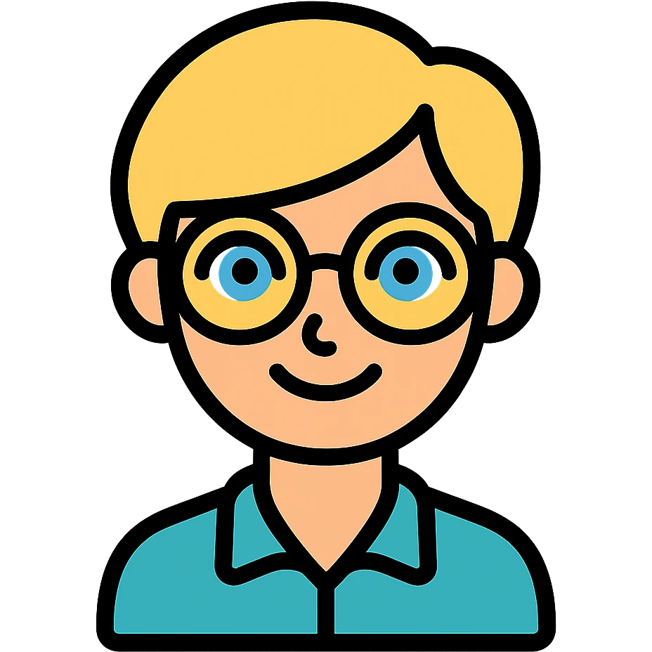 blonde teacher with pixie haircut, gold glasses, blue eyes, big eyelashes, nice smile icon-color-outlined style emoji