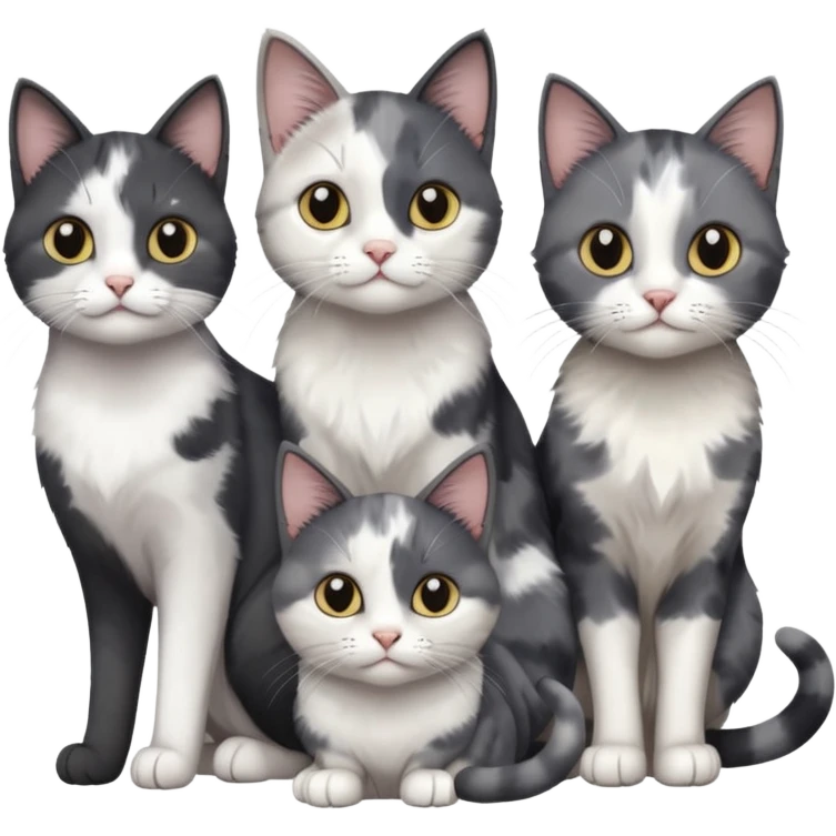 3 different coloured small cats including a dark grey and white, and a patchy calico and a completely solid dark grey with only white paws emoji