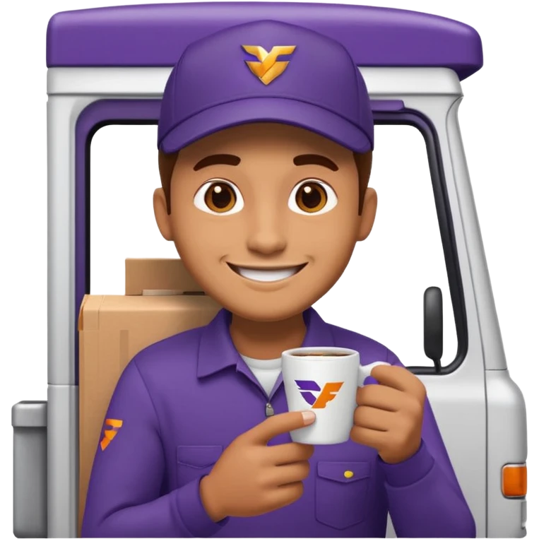 emoji of FedEx delivery man is sipping coffe while sitting in the FedEx truck emoji