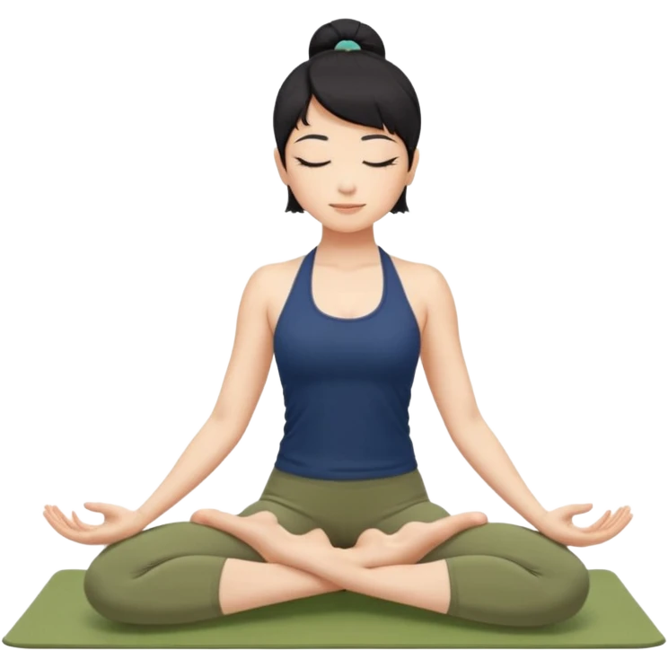 키는 작은편이고 앞머리 없는 단발머리야. 옆머리는 있고 요가를 좋아해. 남색 홀터넥을 많이 입고 민트색 요가바지를 자주 입어. 머리색은 검정색이고 하타요가를 좋아해. 바지색은 연한 연두색이고 요가매트는 카키색이야. 시르사파다 자세를 하고 있어. emoji