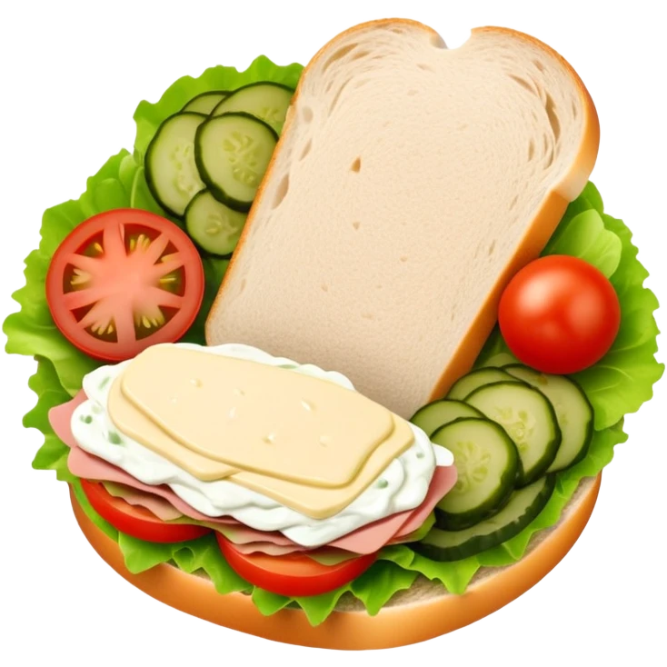 sandwich with turkey, lettuce, pickles, mayonnaise, and tomatoes top-down view emoji