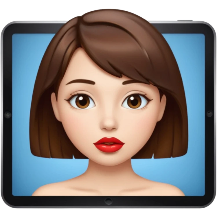 Chica güera,pelo corto,pelo castaño y dando un beso ala pantalla  emoji