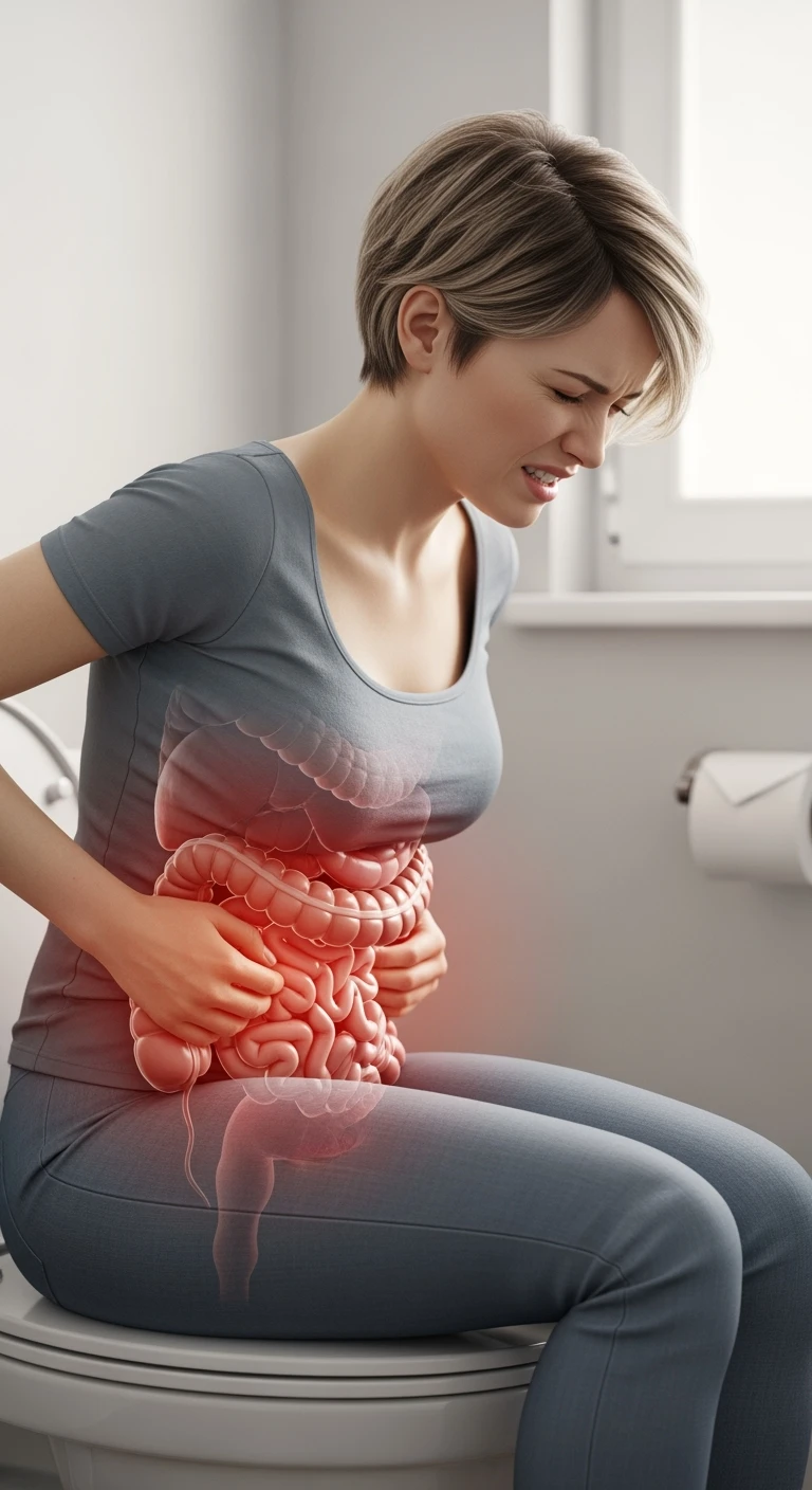 DONNA CON MAL DI PANCIA SEDUTA SUL WC MENTRE SI SFORZA, INTESTINO UMANO ANATOMICO IN EVIDENZA, IPERREALISTICA 4K emoji