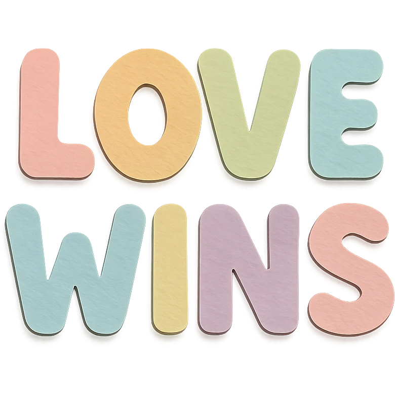 "Love Wins" in soft pastel rainbow soft bubble letters, kawaii rounded text, no border, transparent background emoji