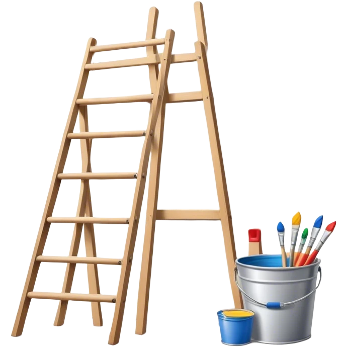 Wall painting icon, an unfinished art painting on the wal, no frame, visible paintbrushes, rollers, and a bucket of paint, wooden ladder beside, minimalistic style, clean lines, transparent background. emoji