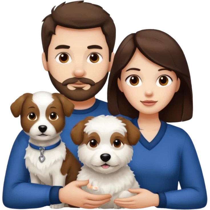 scottish man with stubble, brunette woman and one fully pure white fluffy dog emoji