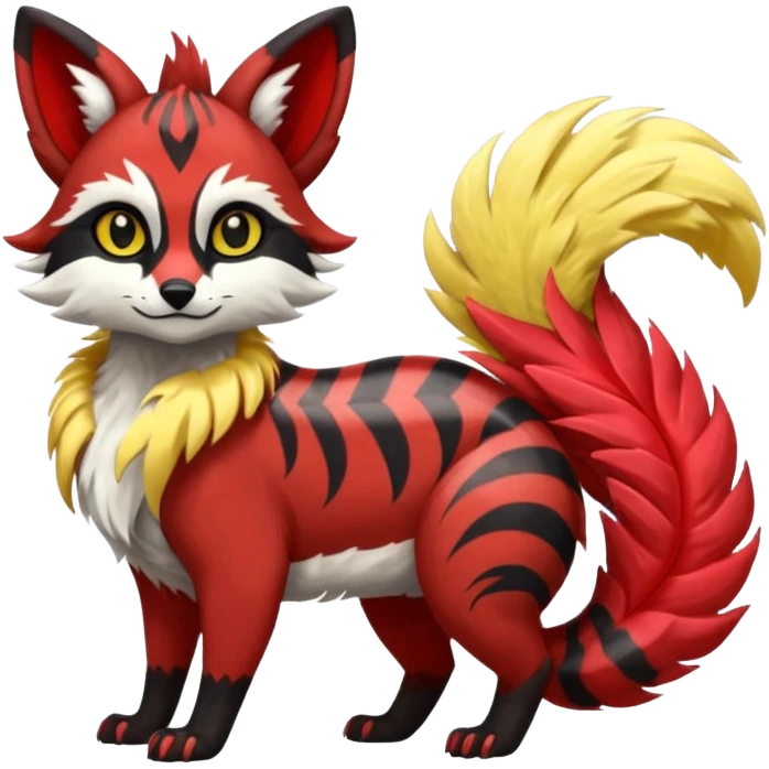 Futuristic sanguine-red banana-yellow black chevron-marked furry fluffy floofy feathery tribal marked Genet-Absol-Kyurem-Zeraora-Primagen-fusion-creature  emoji