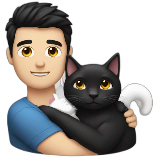 a man dark hair hug a white and black cat emoji
