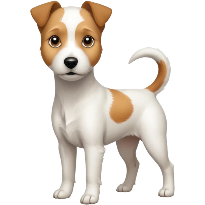 a full body slightly chubby white parson russell terrier looking dog the size of a kelpie with light brown long ears and a light brown patch on one eye and a large snout emoji