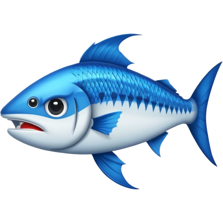Emoji de poisson barracuda stylisé, dessin cartoon, bleu avec lettres ‘BARRACUDA’ dans le corps, expression féroce.” emoji