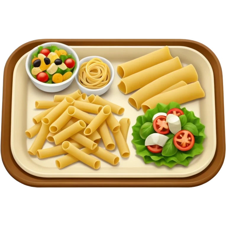 rectangle tray meal with  pasta, salad desert emoji