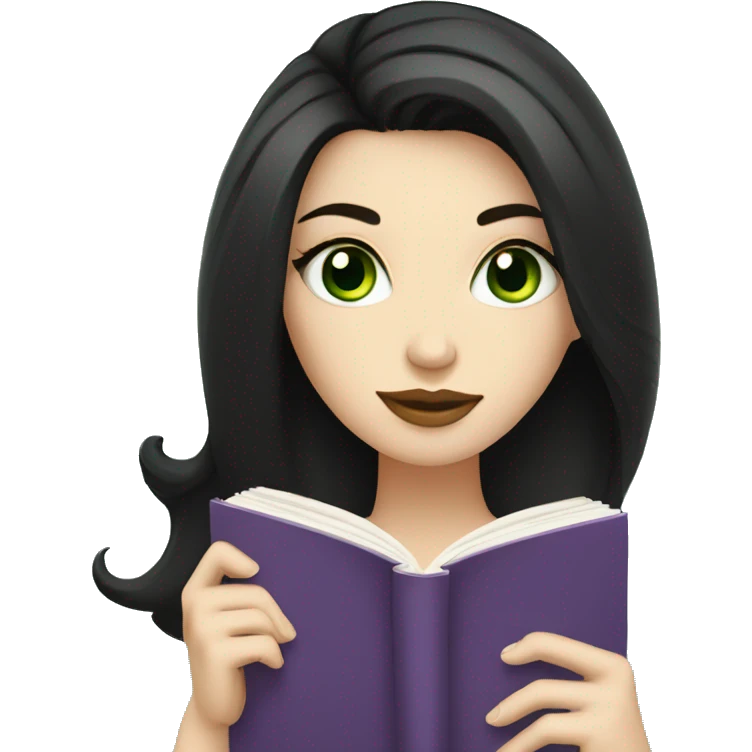 a white girl with black hair and green eyes, reading a book holding a mug of coffee emoji