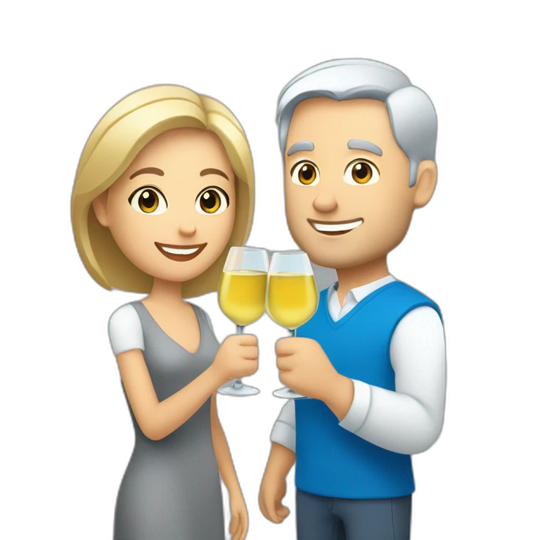 caucasian woman with brown eyes and blond short hair and a caucasian man with blue eyes and grey hair, toasting with a glass of white wine emoji