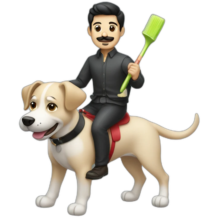 Men with short black hair and toothbrush moustache riding a dog emoji