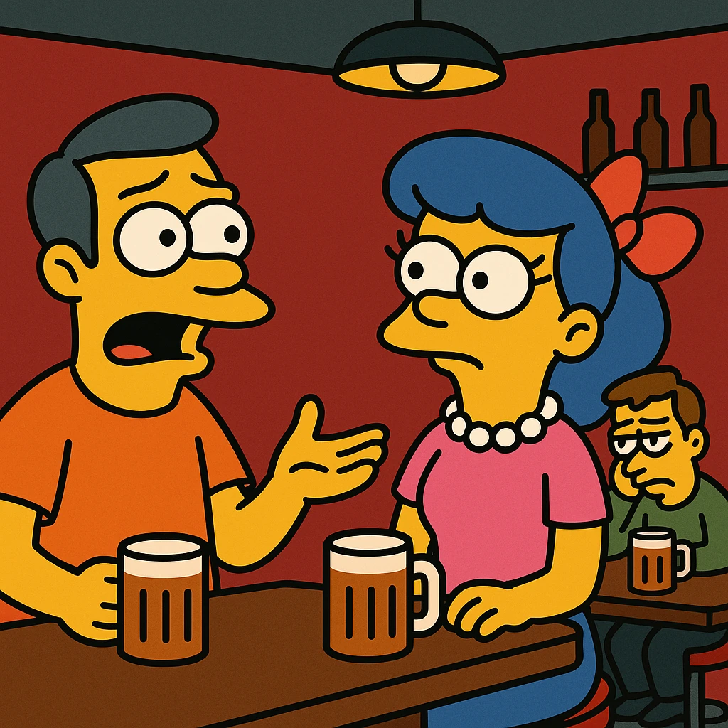 His voice sounded familiar, but I couldn’t remember where I knew him from. 2 person sitting ina bar, talking about a strange guy, sitting in a corner. A puzzled man thinking emoji