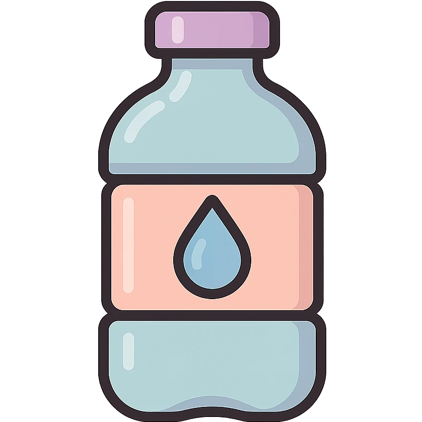 water bottle with drop on label, icon-color-outlined style, Chinese Eastern style, thin clean contours, soft rounded shapes, pastel palette #98B5BC, #B5B3C1, #C9A3C9, #E4C0CA, #F7DCD1, #F7C0AA, detailed shadows and highlights, soft lighting, transparent background, no decoration emoji