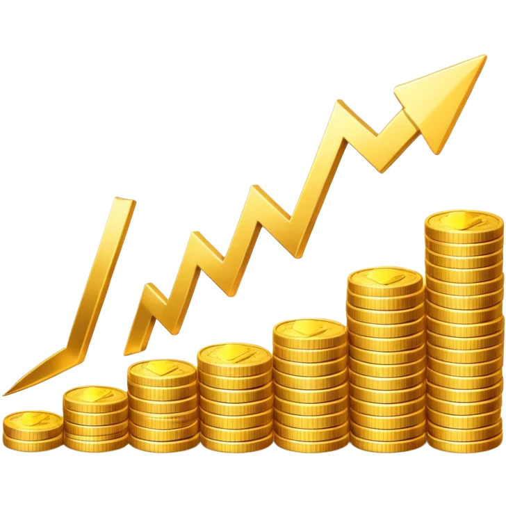 upward arrow next to gradually increasing stacks of gold coins, showing progression emoji