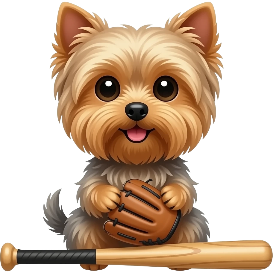 Yorkie dog sitting with baseball's mitt and bat emoji