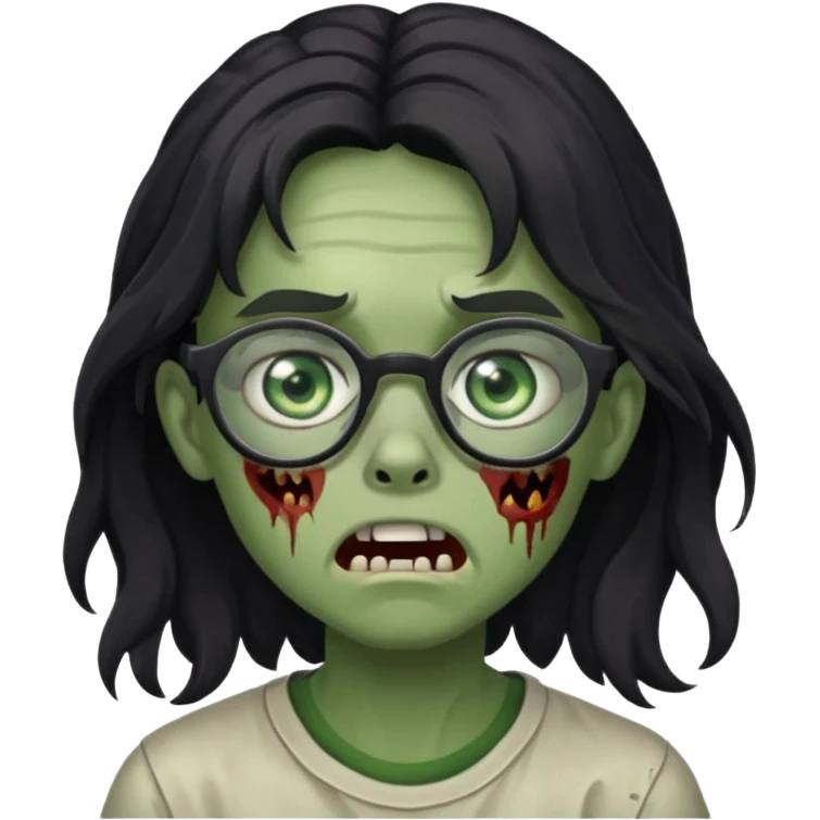 Faça um adolescente zombie com cara de assutado com cortes no rosto, com óculos é cabelos grandes ondulado preto emoji
