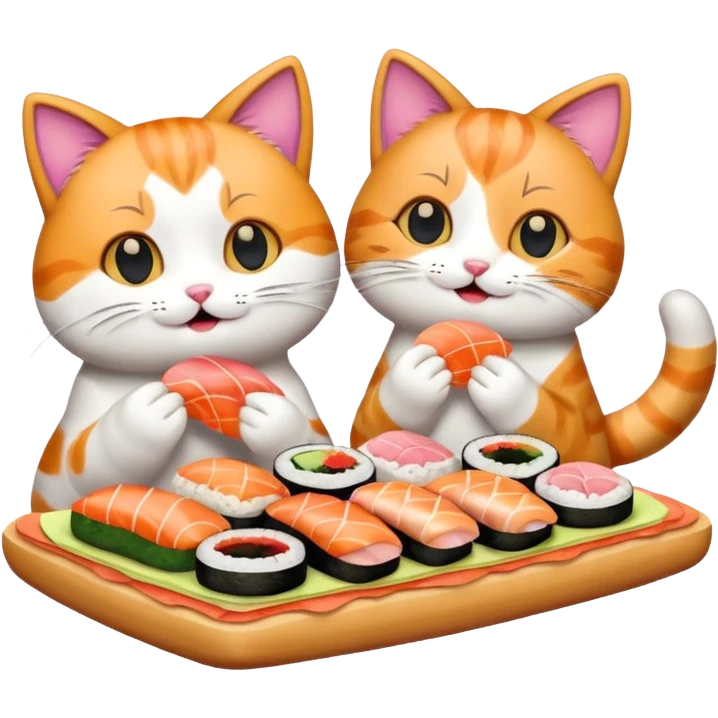two happy cats eating sushi and pizza and donuts emoji