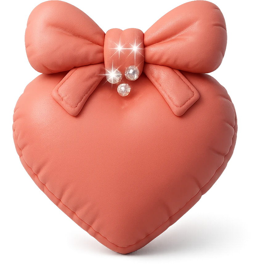 tiny red heart with a bow, pastel red enamel, sparkling gems, soft glowing effect emoji