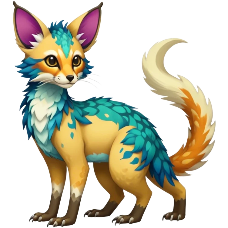 Feral Rare Fantasy vibrant colorful Vernid-Trico-species by LiLaiRa, random markings, tufted tail, tufted ears, full body emoji