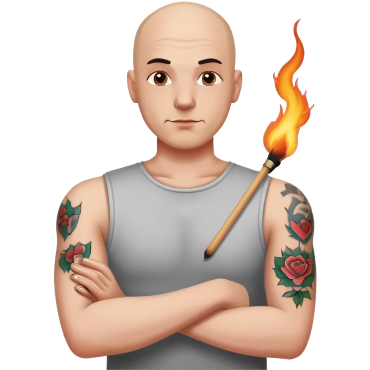 лысый парень с татуировкой спички на руке emoji