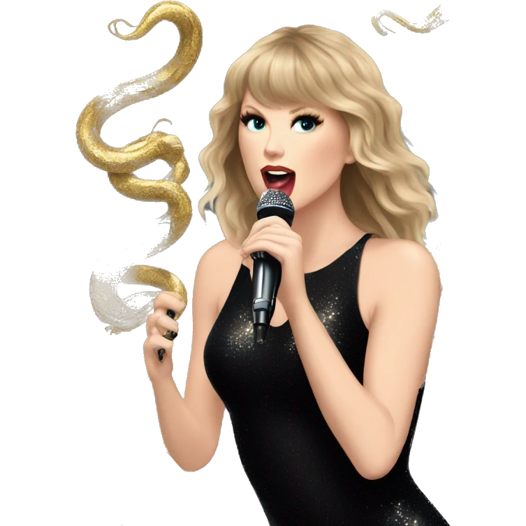 Taylor Swift singing into microphone wearing black sparkling leotard with gold snakes emoji