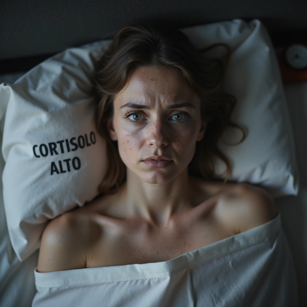 woman with PCOS and high cortisol, face with acne and chin hair, thin hair, body with abdominal fat accumulation, eyes with dark circles, stressed expression, sheet with the text 'CORTISOLO ALTO', clock showing late evening, hyperrealistic 4K details, home environment emoji