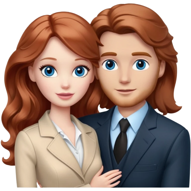 Barbie girl  , eyes blue , Chestnut red long wavy hair In pale beige clothes, Hugs a man with brown hair, brown eyes and a black suit emoji