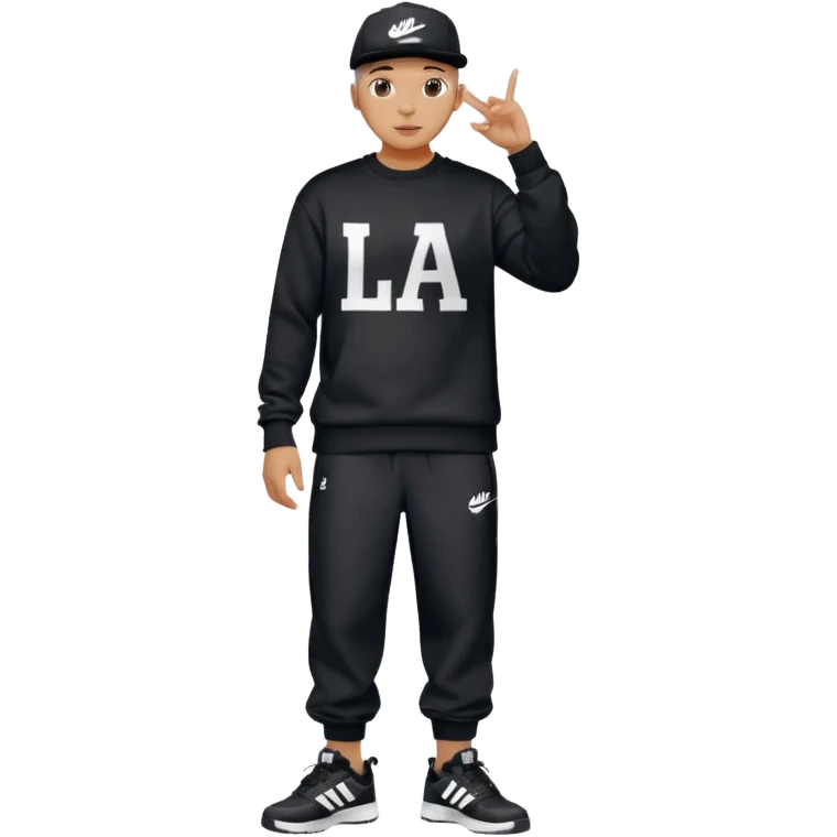 Crea Un Emoji De Cuerpo Completo Que Sea Hombre Con Corte Alucin Que Tenga Gorra Nike, Suéter Negro Que Tenga La Letras LA El La Parte Del Corazón, Zapatos Adidas Con Una Palomita✅, Pantalón Ancho O Bellaco Con Unos Diseños De Palomas Blancas Y Asiendo Una Pose Con Su Mano Que Sea Está 🤙🏽. emoji