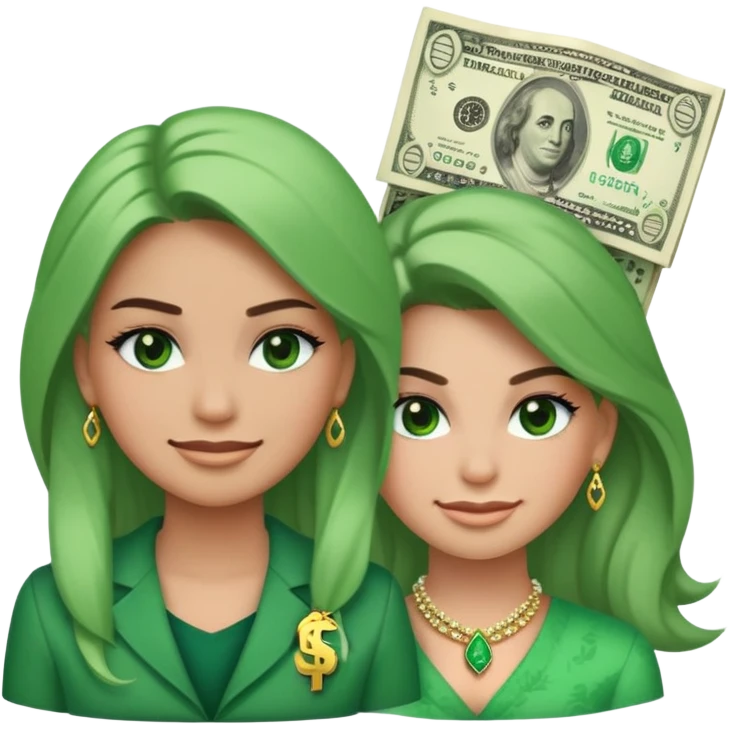 A girl who is smiling on one side and frowning on the other. On the side that is frowning, her hair and clothing is made of green money, and her eyelashes are made of dollar signs. On the side that is smiling, she has beautiful hair, makeup, clothes and jewelry on. emoji