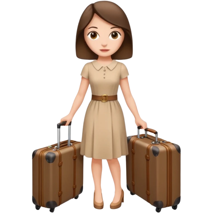 White woman in beige dress brunette with a suitcase LV emoji