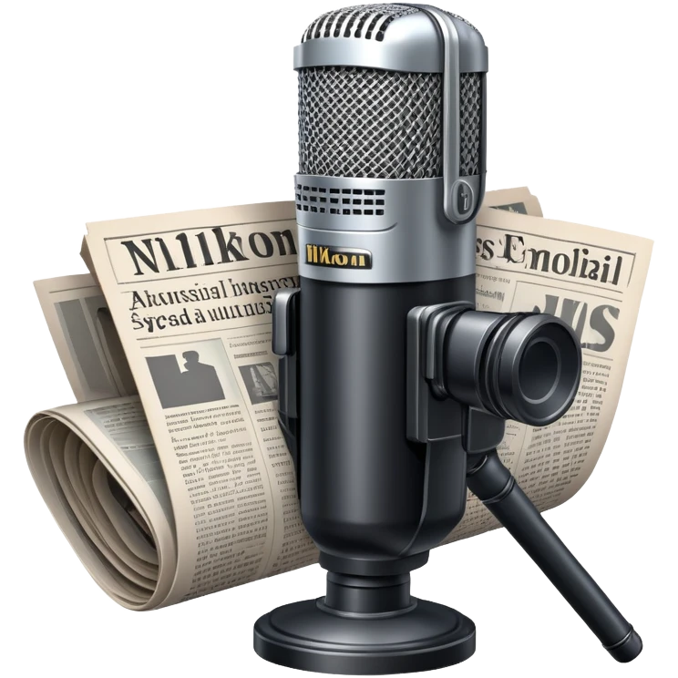 An icon featuring a microphone, a newspaper, a professional camera Nikon D5, representing journalism and mass media. The design includes headlines and imagery, symbolizing the spread of news and information. Transparent background highlights the power of communication and media. emoji