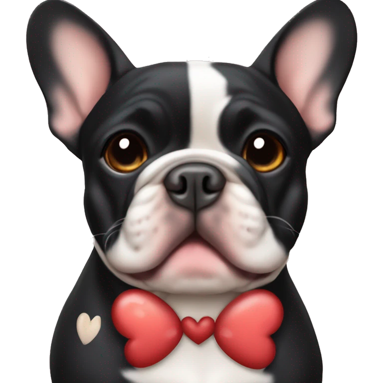 Black-and-tan French bulldog with hearts around him emoji