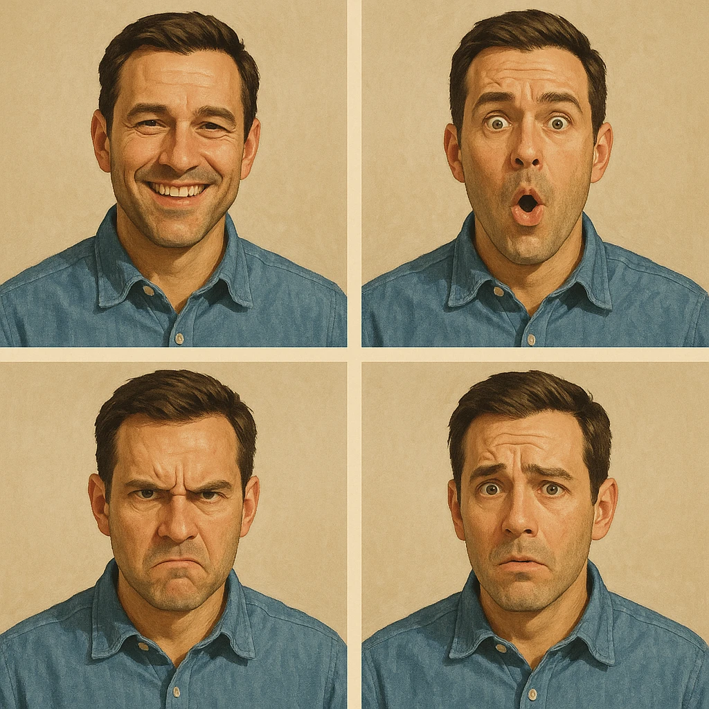 Create images of a man with different facial expressions in the same style as the reference image. Keep the style consistent with the original man. emoji