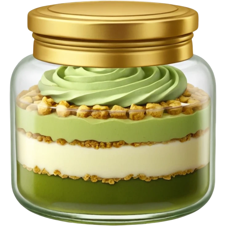 A small round glass jar with a gold lid, filled with layered dessert: creamy white base, green matcha layer in the middle, and a crunchy topping on top.

 emoji