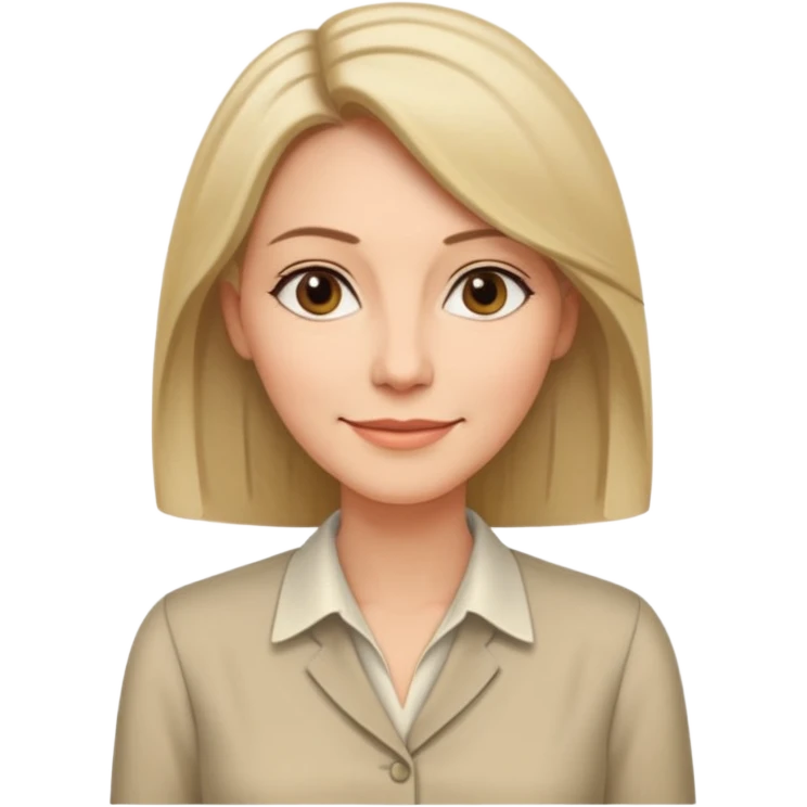 Женщина около сорока лет с прямыми волосами до плеч, собранными за уши, мягкая уверенная улыбка, строгая блузка нейтрального цвета без украшений. emoji