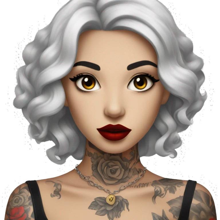 Pale black haired girl with black tattoos on body wearing red lipstick  emoji