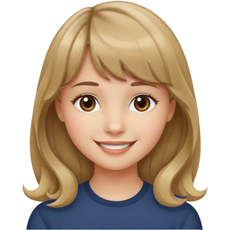 A girl with wavy, dark blonde hair, straight bangs, and straight eyes. She is smiling. emoji