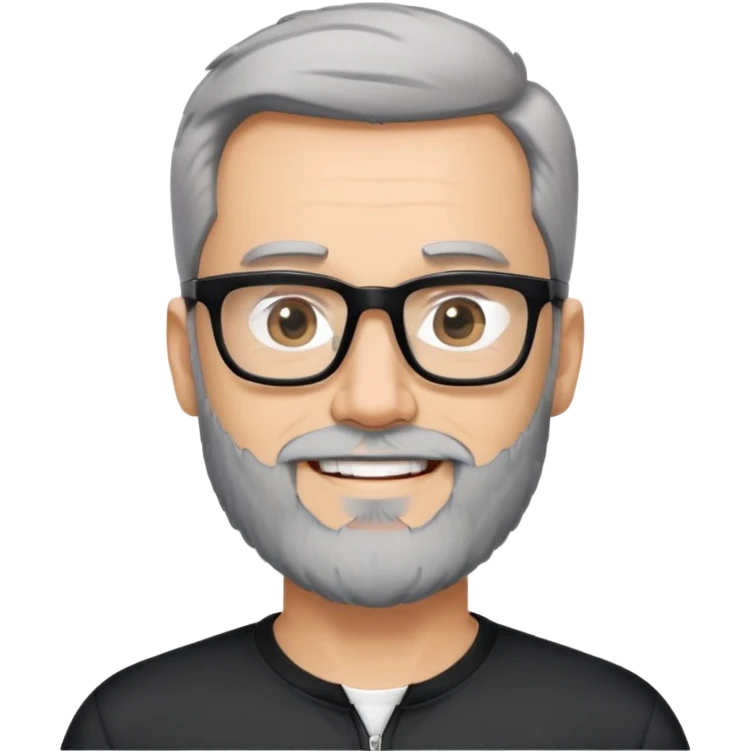 Light-skinned man with short black hair styled upwards, full short graying beard, smiling, wearing large black-framed glasses and a black long-sleeve sports shirt with zip at the neck emoji
