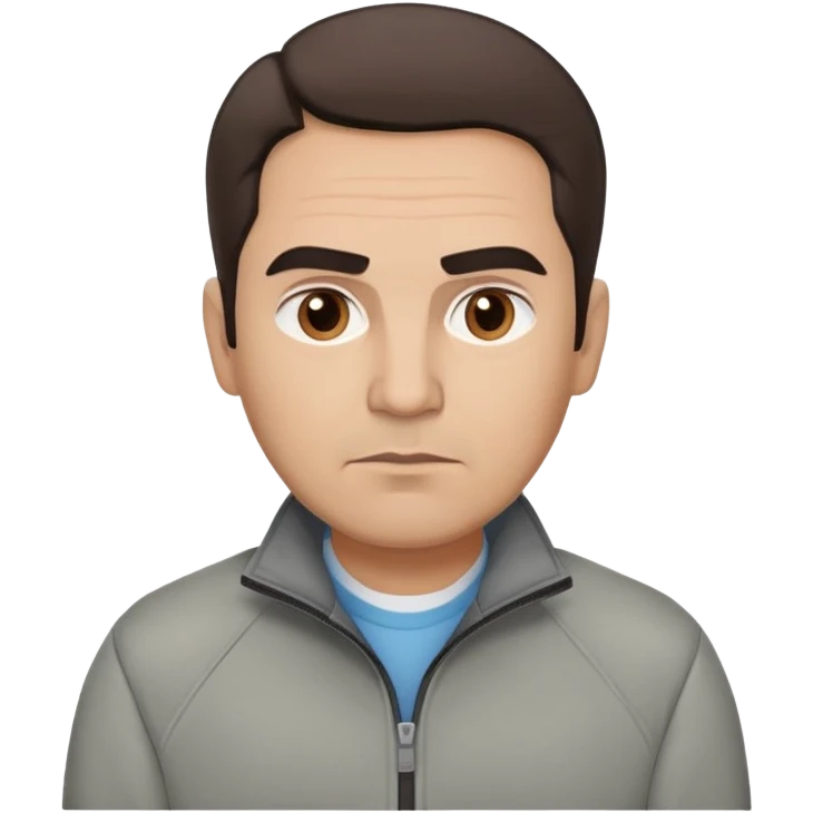 Hispanic actor in his 50s with light skin, round face, wide jaw. Lively brown eyes, thick eyebrows. Short brown hair with receding hairline. Neutral-serious expression. Wearing a casual gray jacket. emoji