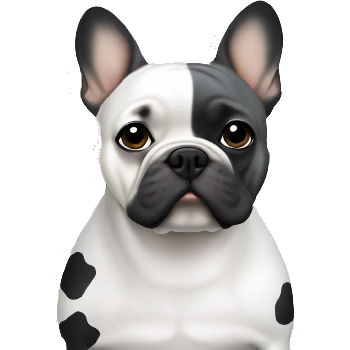 Gray and white Frenchie with black spots with a blonde woman emoji