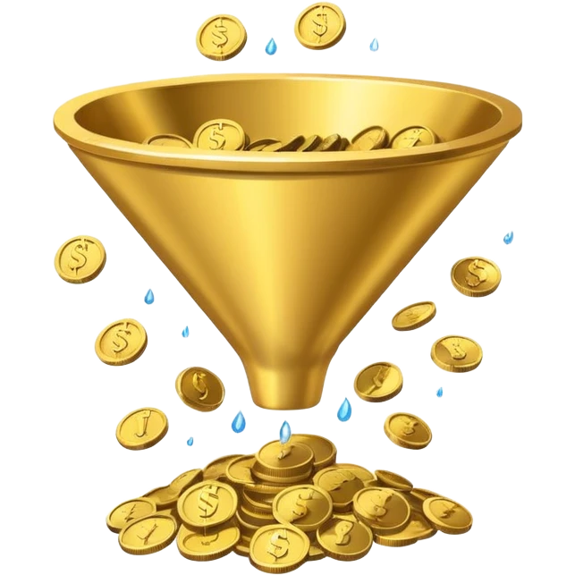 Minimalistic flat vector icon, iOS style, thin black contour on white background. Funnel with coins dropping through it. Clean, no text, no shadows.
 emoji